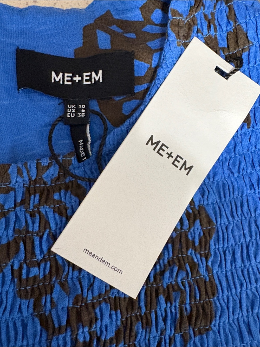 ME+EM Stencil Bloom Printed Smock Top Provence Blue Spring Chocolate US 6 NEW - Picture 5 of 8